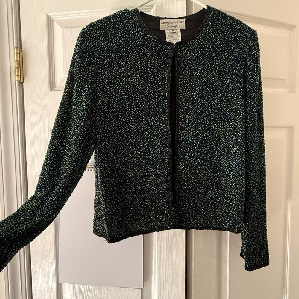 Adrianna Papell Women's Dark Green and Black Textured Open Front Jacket